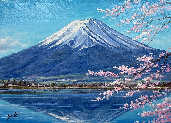 油彩画 洋画 (油絵額縁付きで納品対応可) F15号 「富士に桜」 小川 久雄-