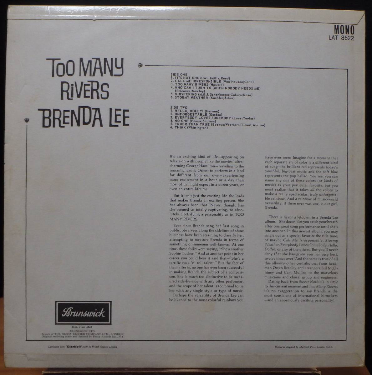 【FS188】BRENDA LEE「Too Many Rivers」, 66 UK mono Original/英国製ペラジャケ　★ボーカル_画像2