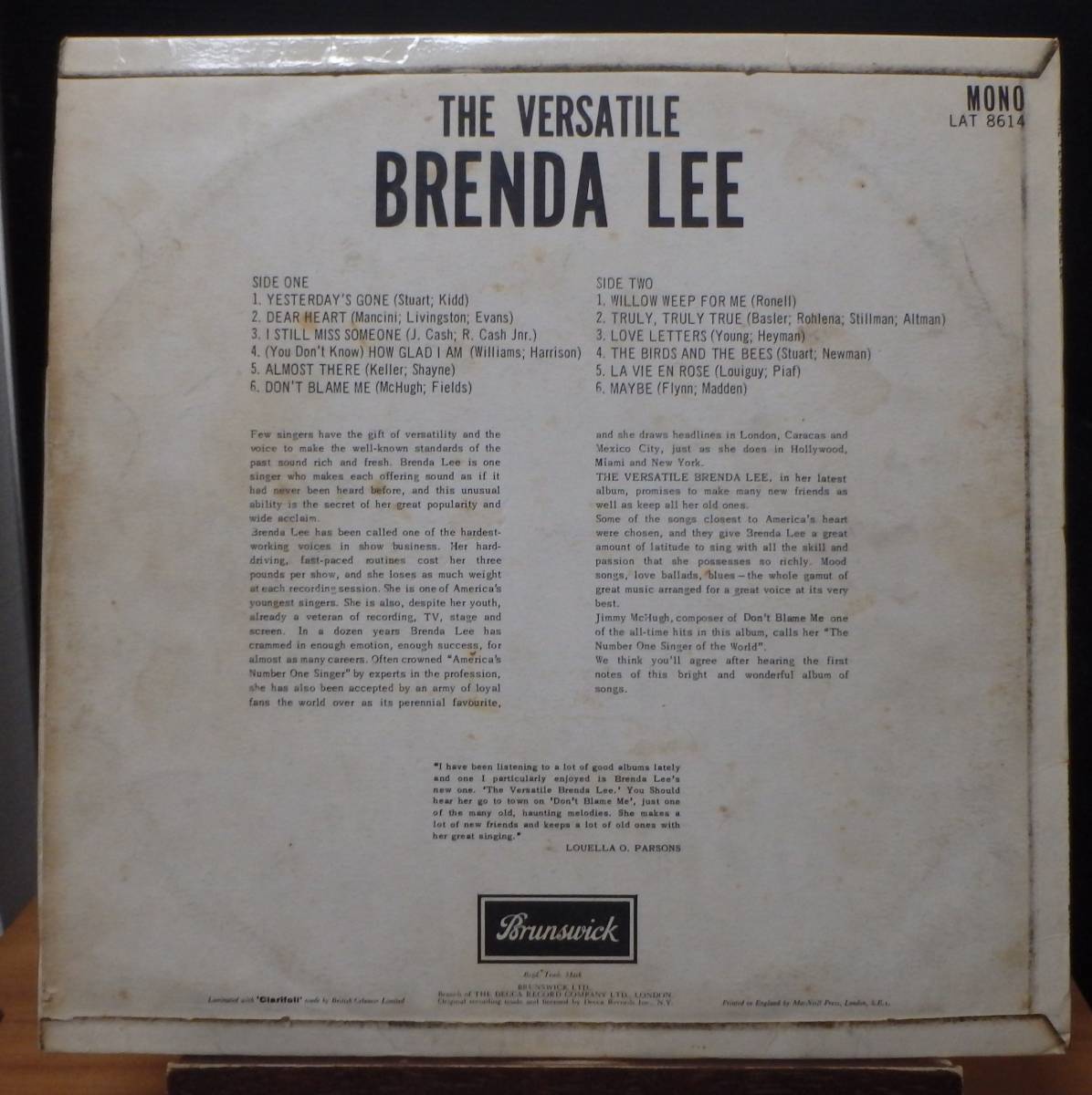 【FS187】BRENDA LEE「The Versatile Brenda Lee」, 65 UK mono Original/英国製ペラジャケ　★ボーカル_画像2