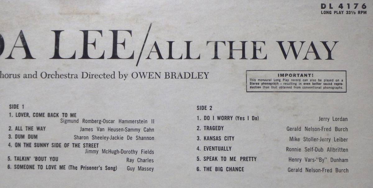 【FS180】BRENDA LEE With Orchestra And Chorus Directed By Owen Bradley「All The Way」, 61 US mono Original　★ロカビリー_画像3