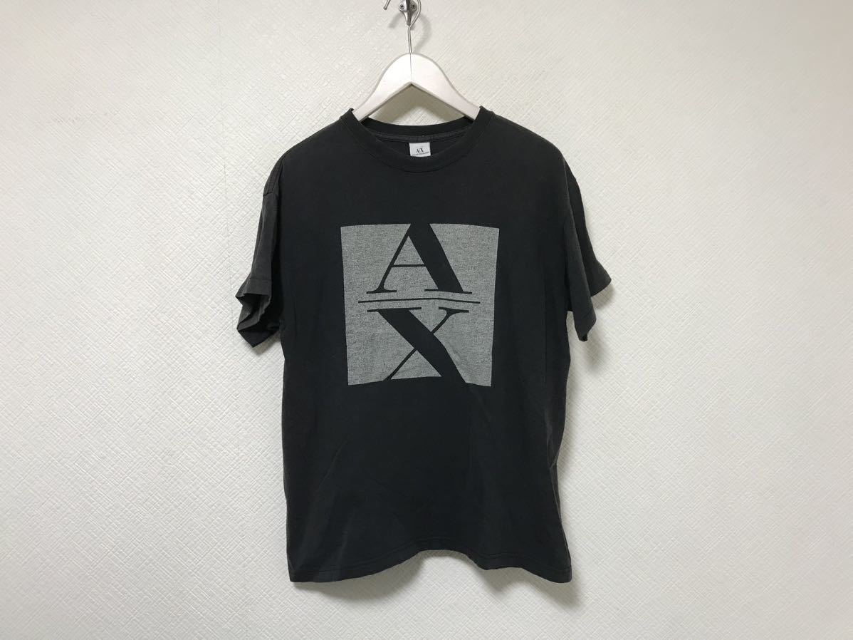 本物アルマーニエクスチェンジARMANI AXコットンロゴプリント半袖Tシャツメンズアメカジミリタリーサーフビジネス黒グレーSアメリカ製