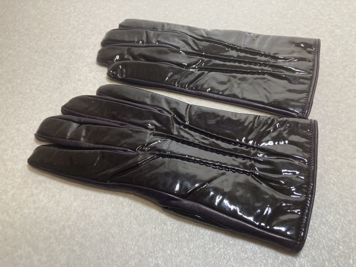 新品　マリオポルトラーノ（伊）　手袋/グローブ　８ハーフ　２４ｃｍ　エナメル×レザー　ライニングはウール　ブラウン　定価２．２万円