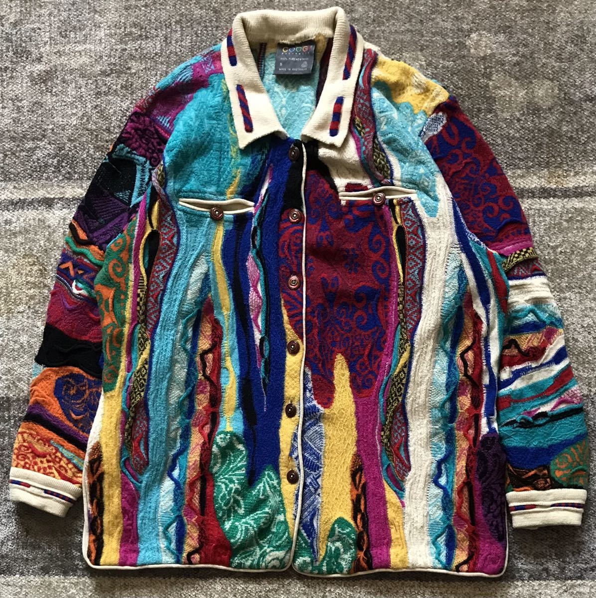 圧巻のデザイン 芸術 花柄 植物柄 90's vintage ★ COOGI AUSTRALIA ★ クージー 3D 立体 襟付き ウール ニット セーター カーディガン S_画像2