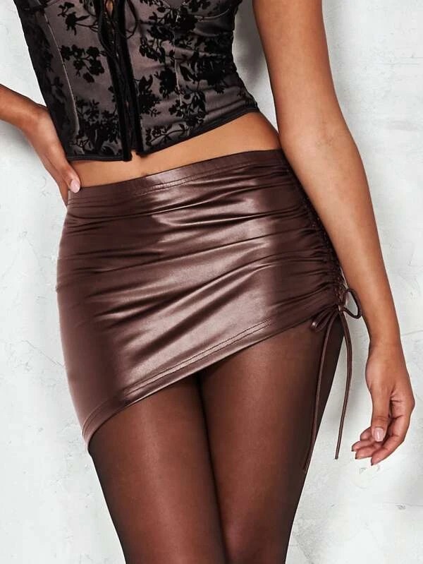  super sexy! Mini tight! side ribbon PU leather body navy blue skirt color : chocolate Brown 