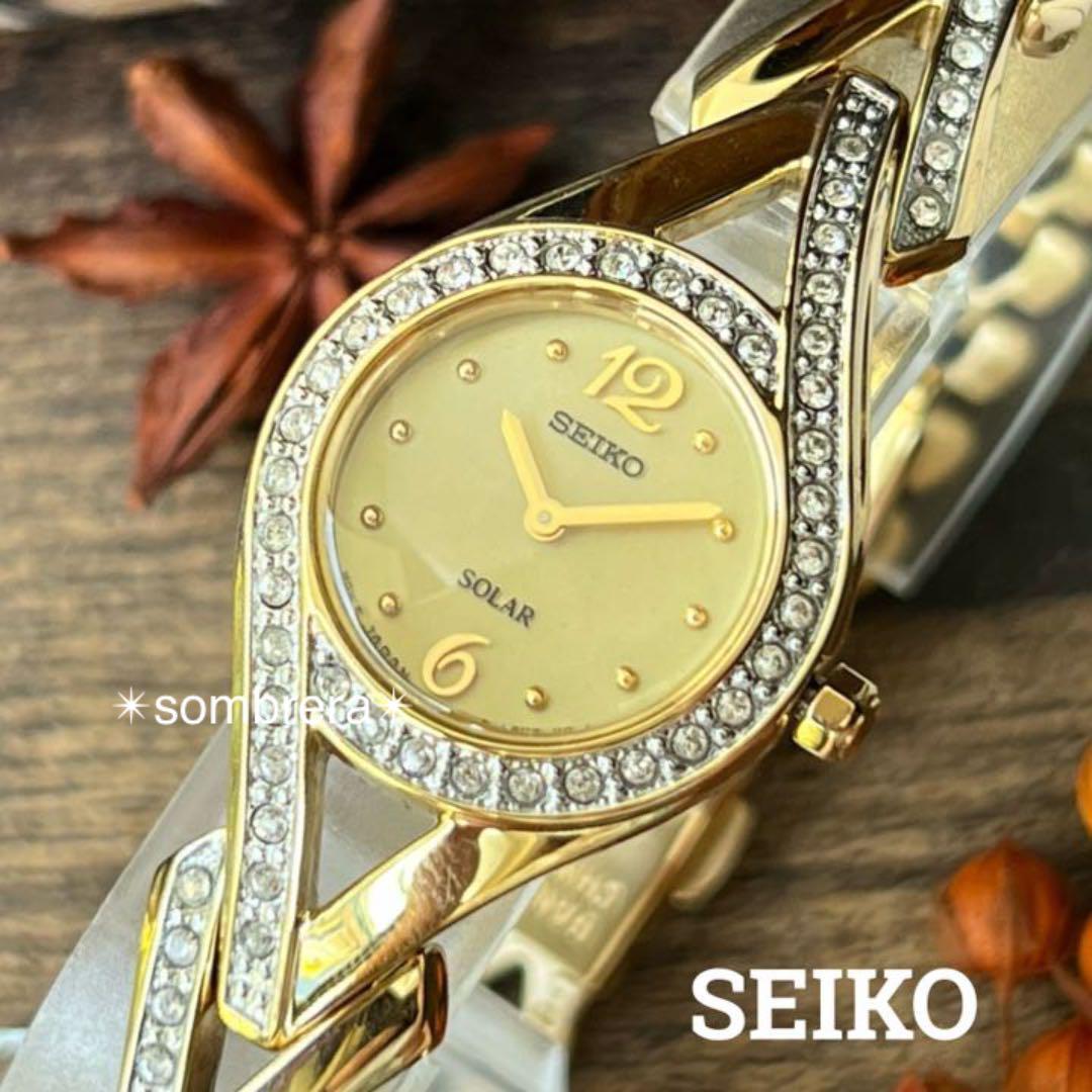 ライトブラウン/ブラック セイコー/SEIKO 豪華ダイヤモンド☆ソーラー スクエア レディース時計 腕時計
