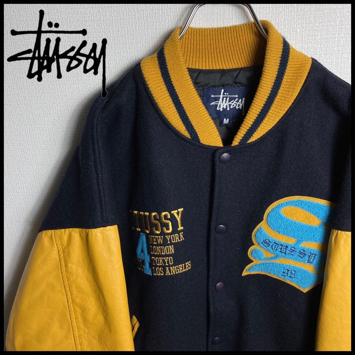 90s OLD STUSSY ラスタライオン 襟付ウールスタジャン M 水色