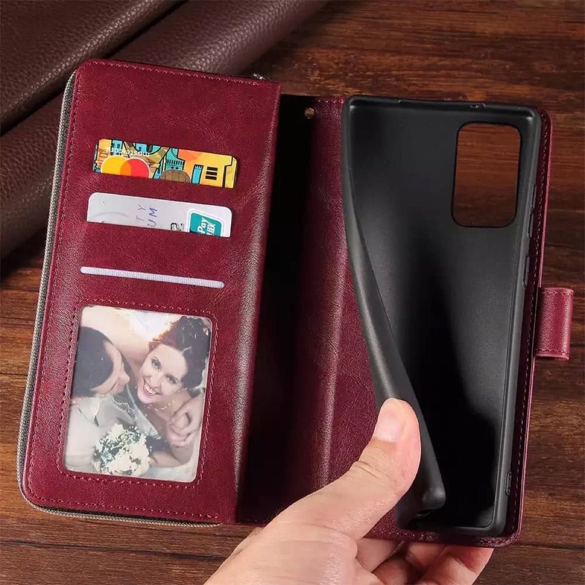 人気　手帳型 スマホケース　カード収納　お財布　iPhone11 レッド　赤　スタンド機能　定期入れ　ファスナー付き　色違いあり
