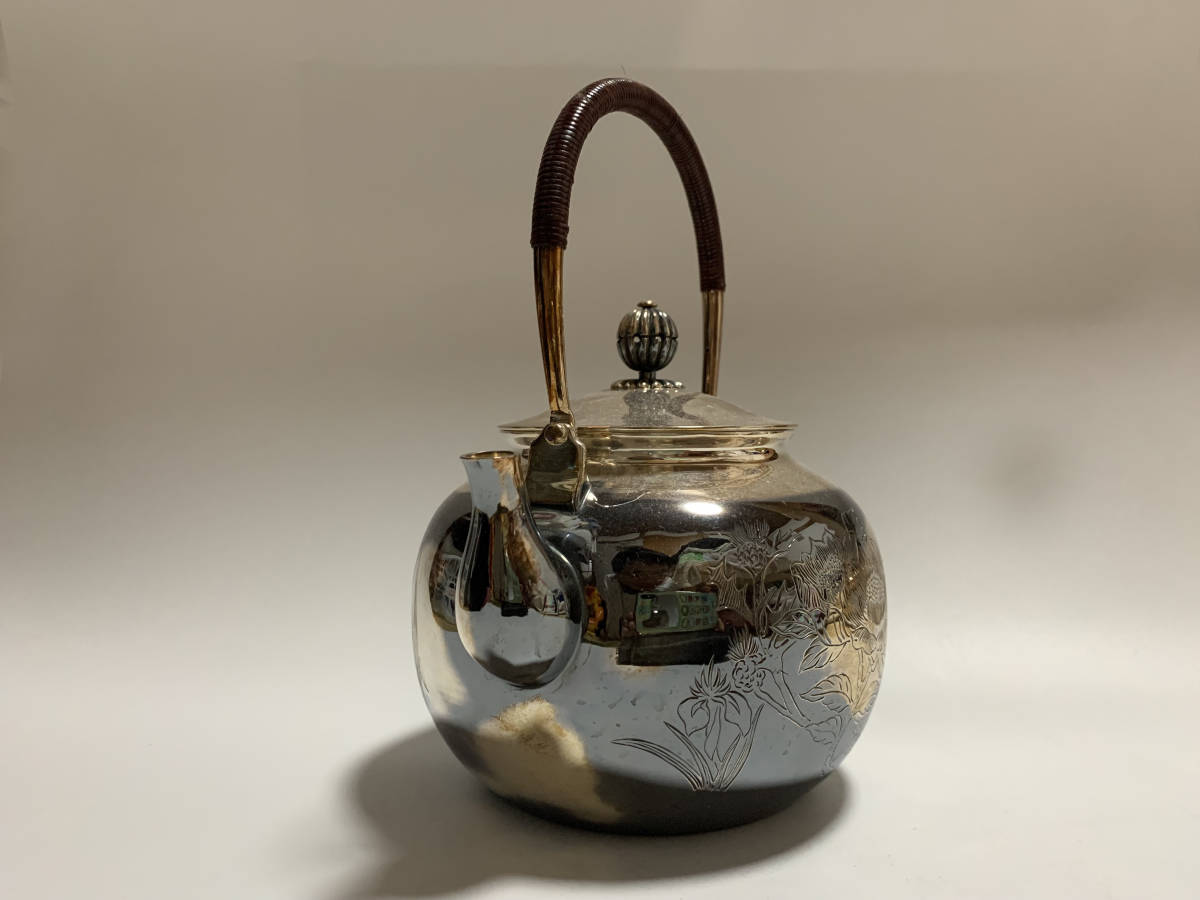 時代 純銀製 中川浄益造 四君子彫 湯沸 工芸品 古美術品 銀瓶 煎茶道具