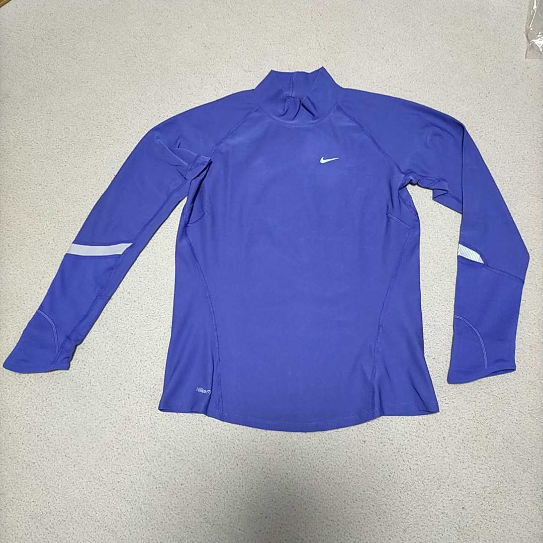 NIKE ナイキ ハイネック長袖Tシャツ レディースM ブルー系 FIT-DRY 再帰反射 袖口ダブル トレーニング ランニング スポーツ 送料無料 _画像1