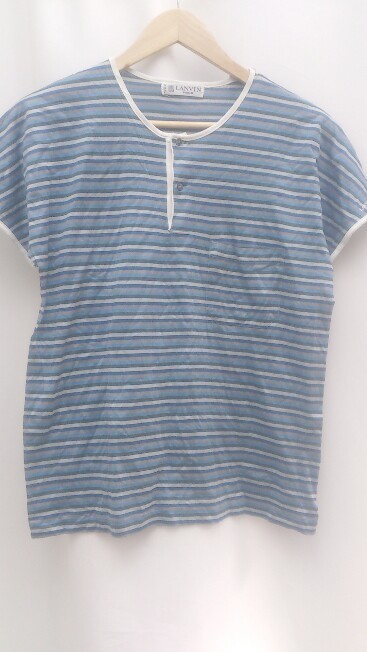 LANVIN Lanvin T-shirt short sleeves Henley neckline cotton border size inscription less blue lady's 1203000025793