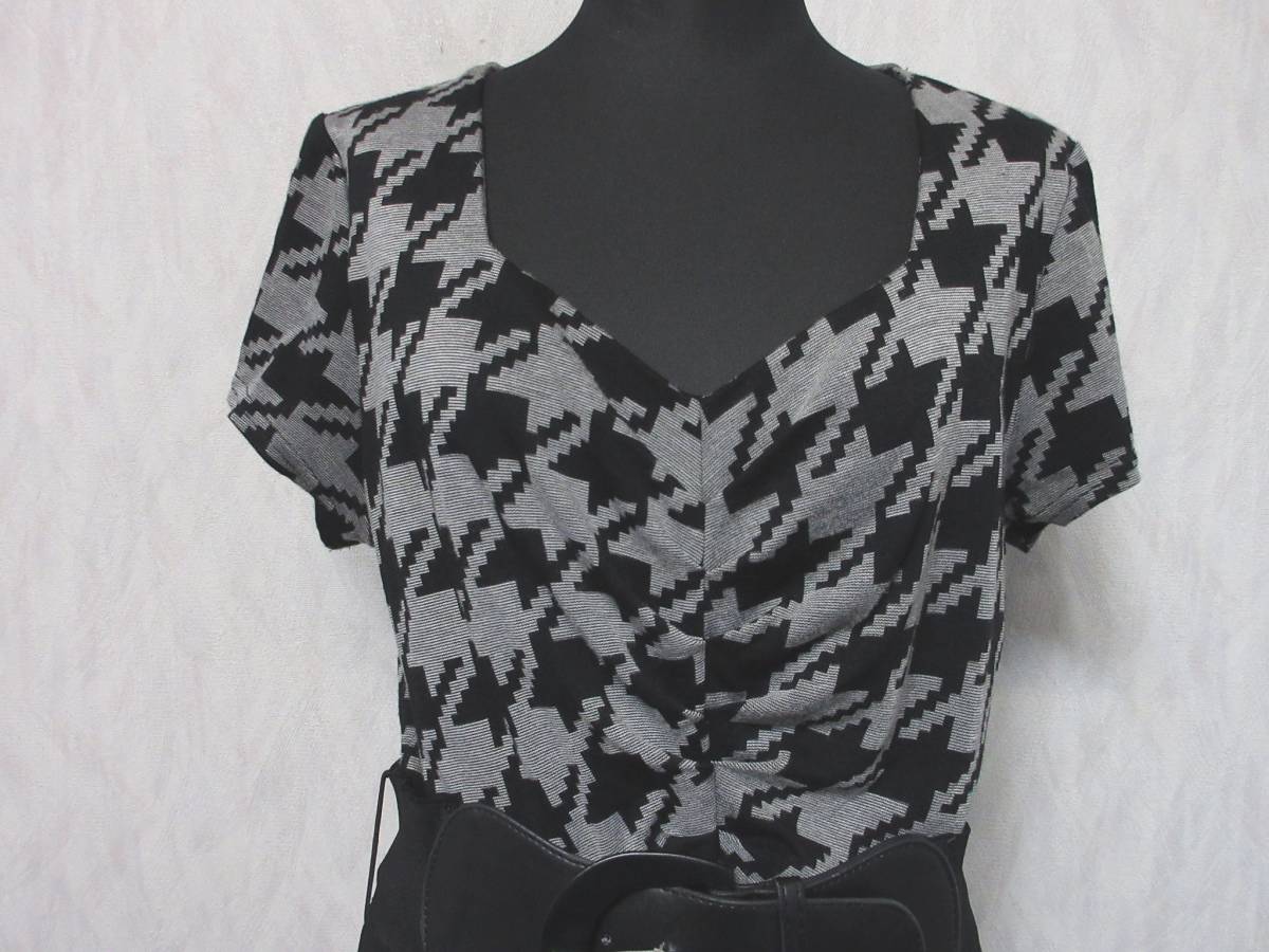 EGERIE エジェリ ワンピース フレアスカート 千鳥格子 半袖 ストレッチ レディース T3 黒 グレー irmri yg2861_画像3