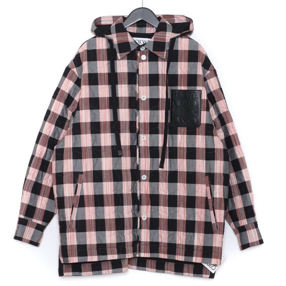 未使用 LOEWE QUITED CHECK HOODED SHIRT サイズ46 ピンク H526Y05W60 ロエベ 中綿キルティングチェックシャツジャケット_画像1