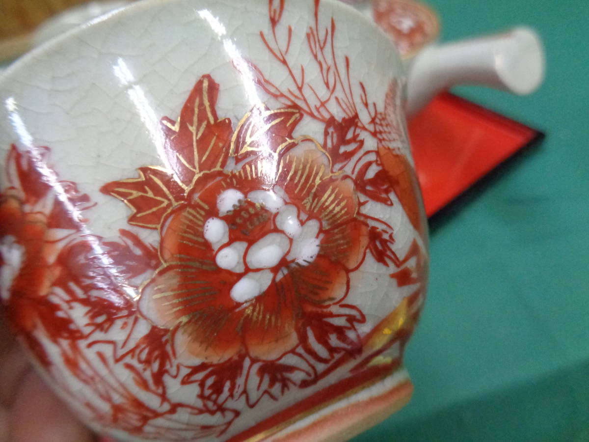 京清水　レトロ　茶器セット　赤絵/金彩　花鳥絵柄　急須＆湯呑　未使用品