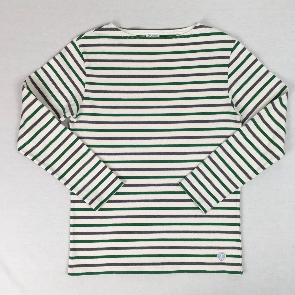 ORCIVAL オーシバル 日本製 コットンロード バスクシャツ 長袖 サイズ3 アイボリー/グリーン/グレー ボーダー カットソー