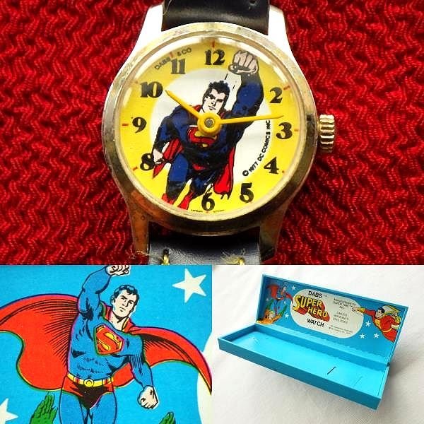  ultra rare * box attaching *1977 year Superman DC Comics Vintage hand winding wristwatch american comics hero character 