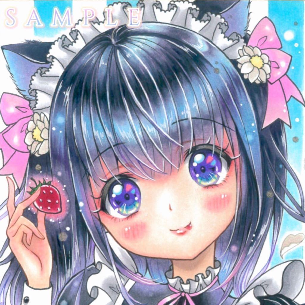 手描きイラスト原画+オリジナル+猫耳メイドちゃん Yahoo!オークション - 手描きイラスト 【 黒猫メイドちゃん