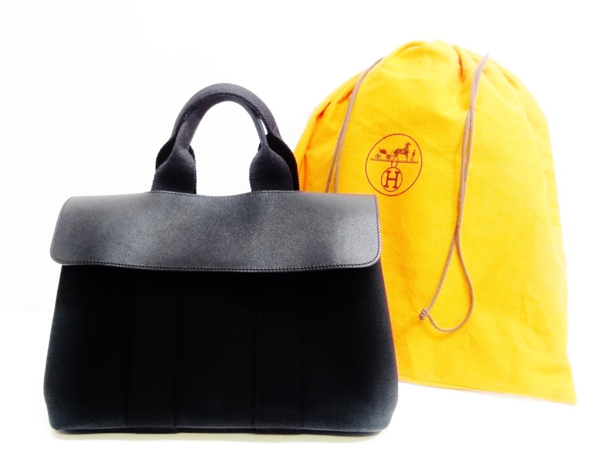エルメス ヴァルパライソPM ハンドバッグ レザー×キャンバス 黒 J