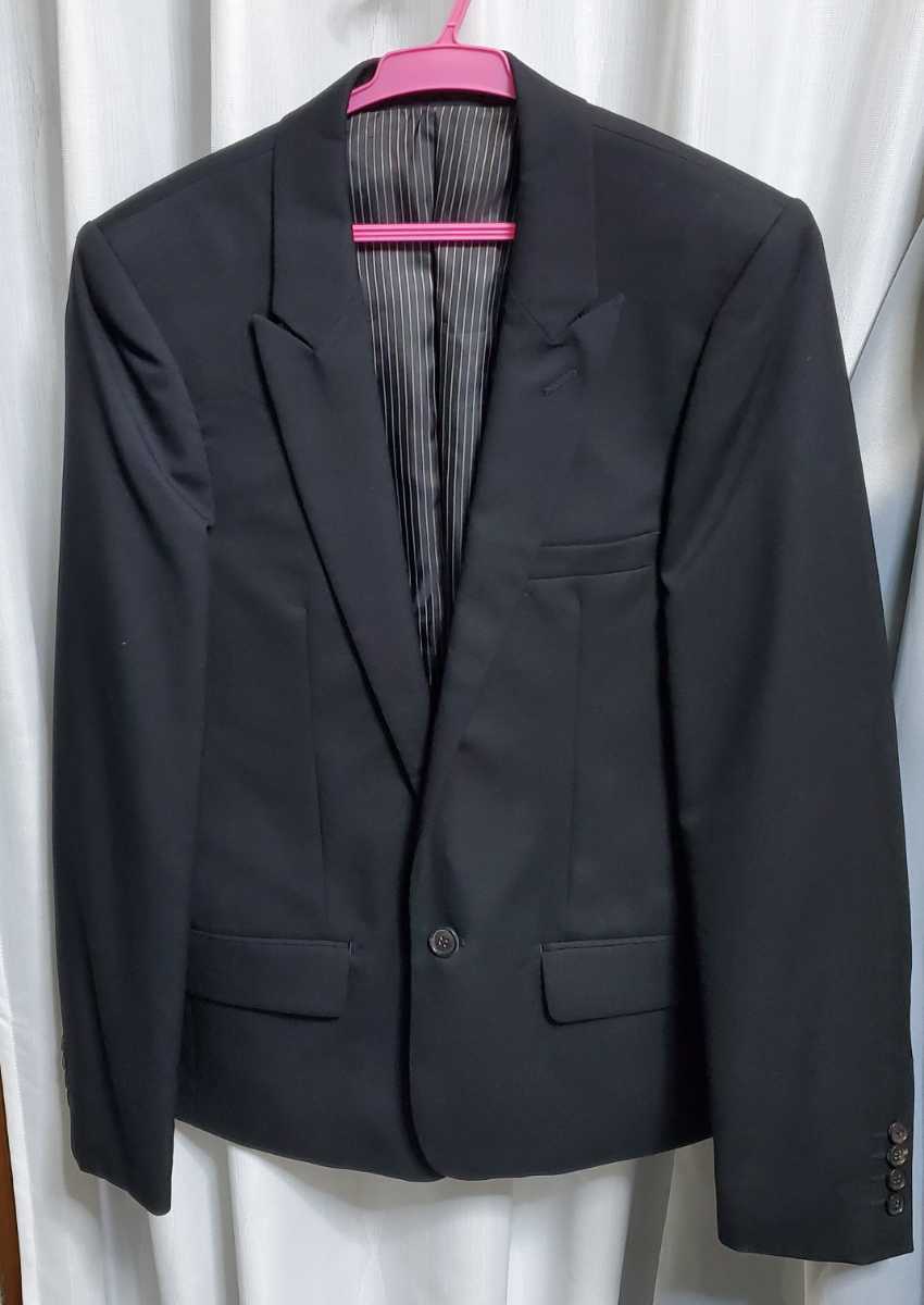 定価5万円　テーラードジャケット メンズ　スーツ ウール　ノーベント　ピークドラペル　1B　肩ダーツ　スリム　ブラック　黒　②