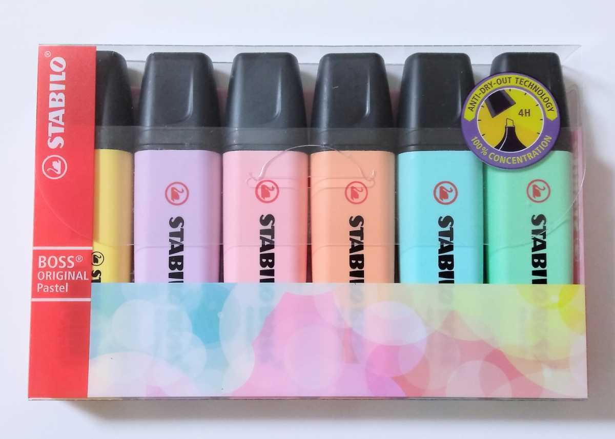  free shipping *STABILO stabi ro highlighter 6 pcs set BOSS Boss original pastel color fluorescence marker pen yellow pi-chi pink green purple light blue 