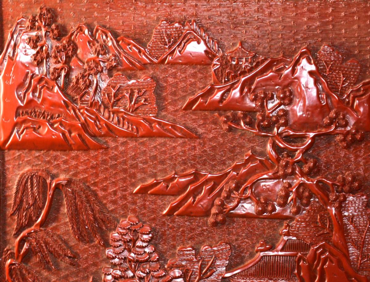 初荷です ◆中国 文化革命期 堆朱 山水人物花文大振硯屏 ◆とても細かい彫刻で存在感あります 唐物_画像6