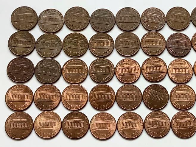 【希少品セール】アメリカ 1セント硬貨 1959年〜2008年 ミントマークD(1965〜67年71年83年86年はマークなし) 年号違い 各1枚50枚 まとめての画像6