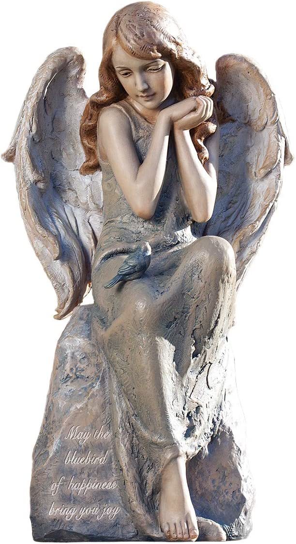 ブルーバードのエンジェル 青い小鳥を膝に乗せた天使 ガーデン彫像 聖家族 守護聖人 装飾彫刻 贈り物(輸入品