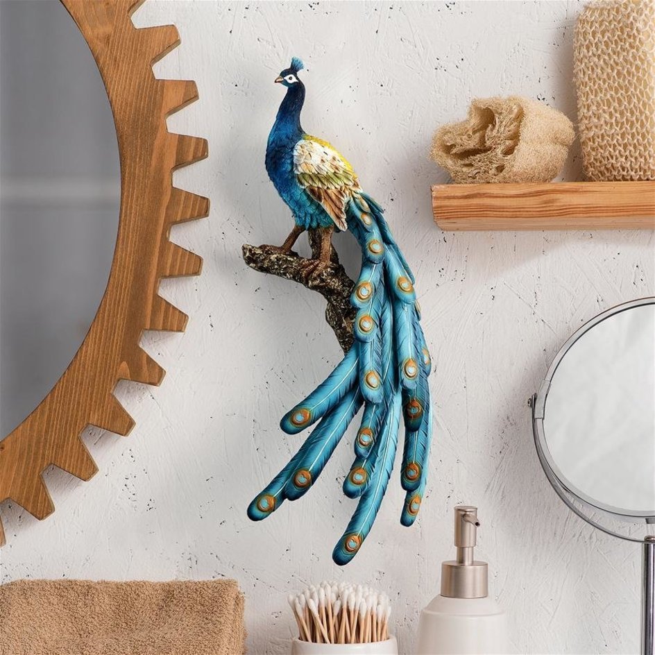 細かな輝く羽を持つ孔雀の壁彫刻 クジャクの壁掛け彫像 インテリア装飾 ウォールデコ ホームアクセント贈り物(輸入品_画像1