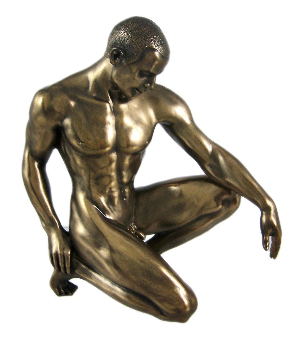 ブロンズ風仕上げ ひざまずくヌードの男性像 彫刻置物 インテリア彫像/ パワー ボディビルダー（輸入品