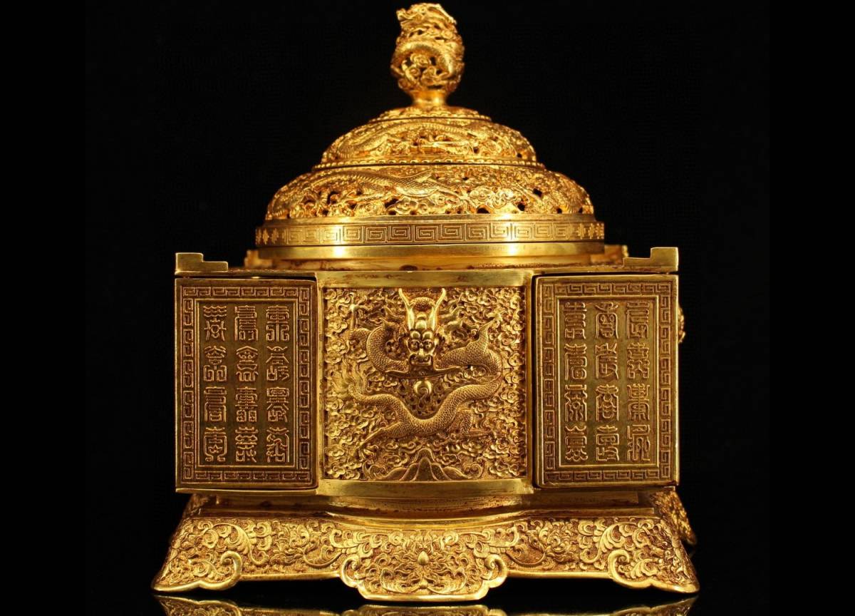 ◆明神◆極上珍品・中国・戦漢時代・古銅金・透かし彫り三足炉・金水厚重・置物・中国古美術・古董品　　