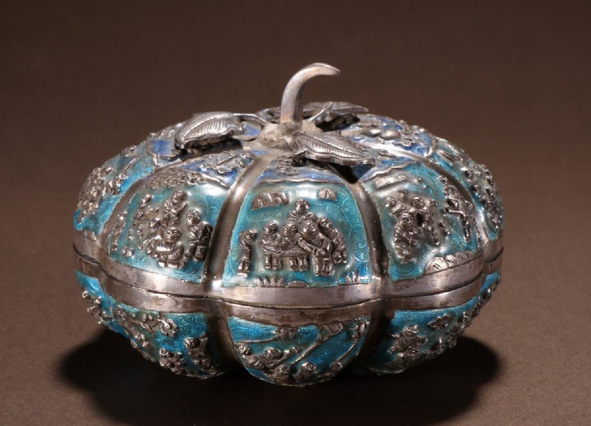 人気提案 明神 極上珍品 中国 清時代 純銀 焼藍百子図瓜形盒