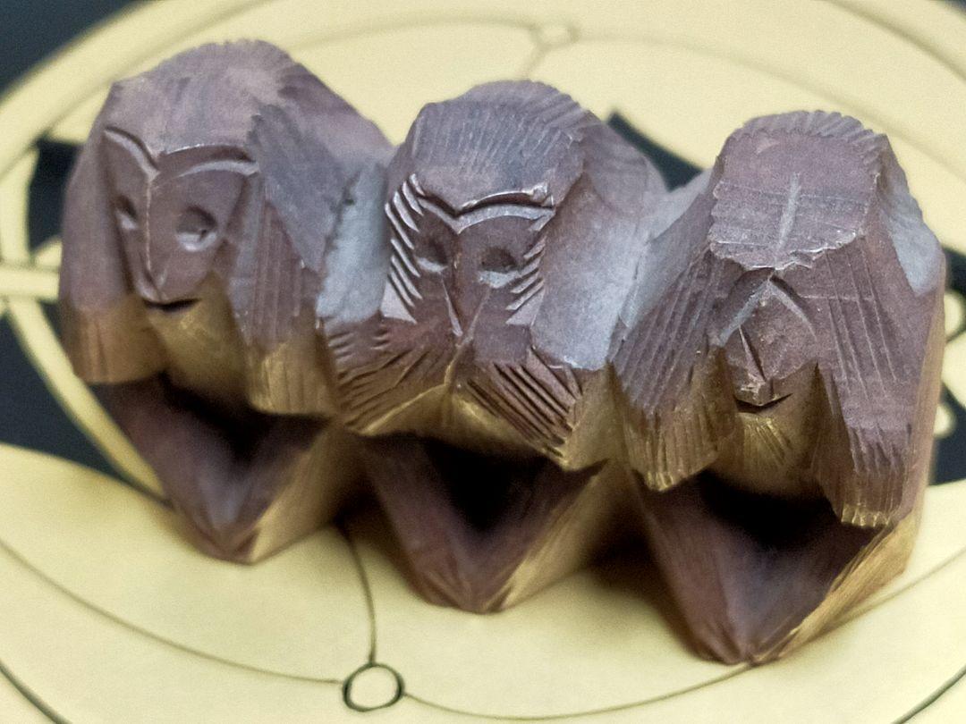 三猿 置物 木彫り 52mm 骨董品 - 彫刻・オブジェ
