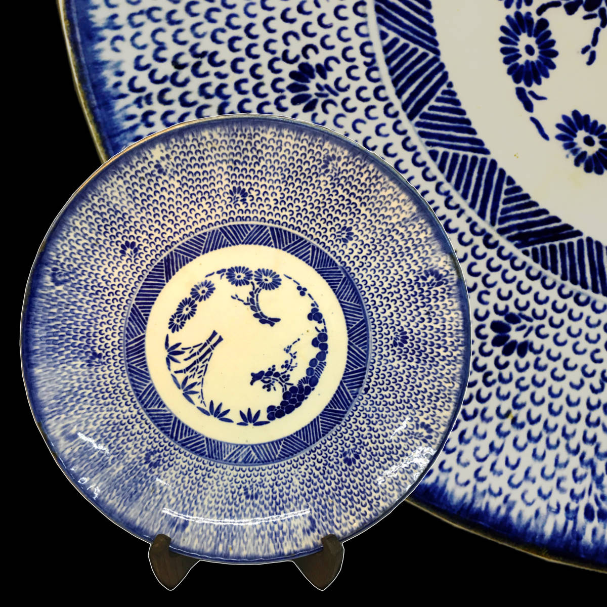 江戸時代 古伊万里 染付 微塵唐草 松竹梅文 直径約28cm 中皿 大皿