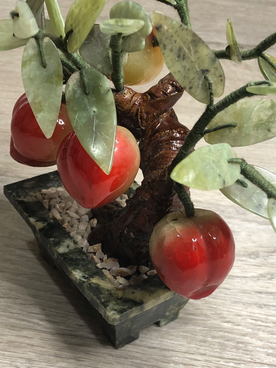貴重 中国 玉石 果物形 アンティーク 翡翠 貴石 桃の木 盆栽-