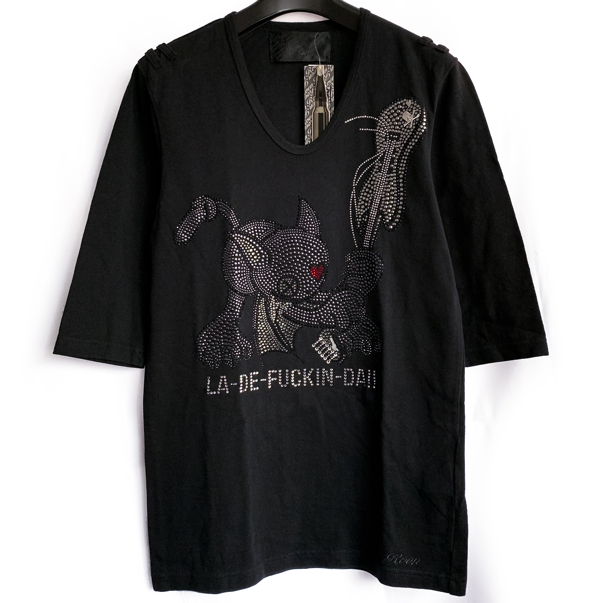 定価13.2万・新品 Roen（HIROMU TAKAHARA ヒロムタカハラ）スワロフスキー・メタルスタッズ装飾5分袖Tシャツ カットソー（44・Sサイズ）