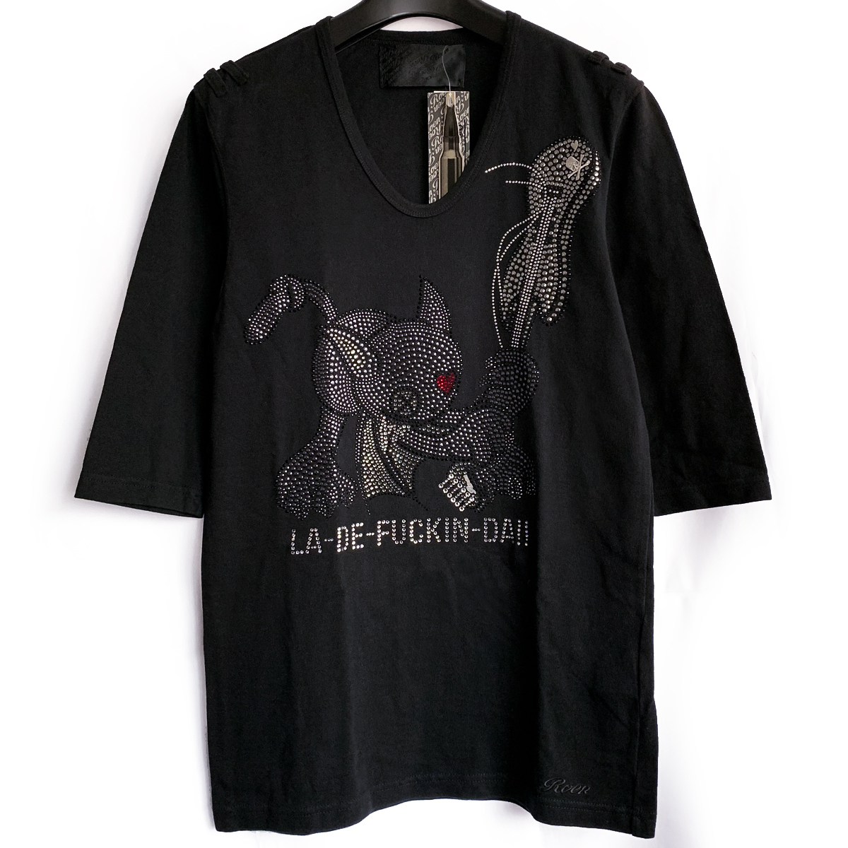 定価13.2万・新品★Roen(HIROMU TAKAHARA ヒロムタカハラ)スワロフスキー・メタルスタッズ装飾5分袖Tシャツ カットソー(44・Sサイズ)