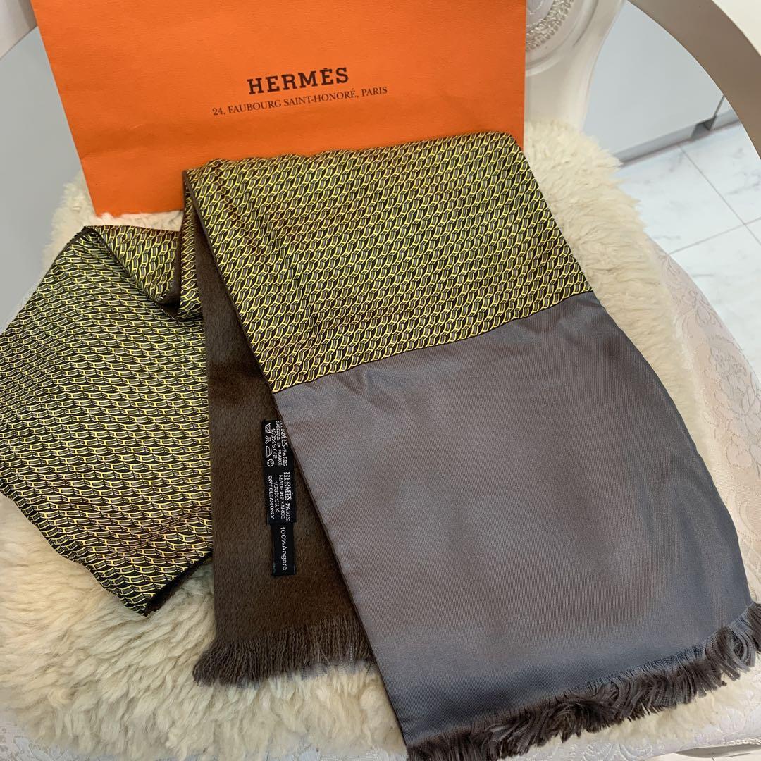 ☆超美品☆HERMES リバーシブルマフラー ストール シルクxアンゴラ Hロゴ-