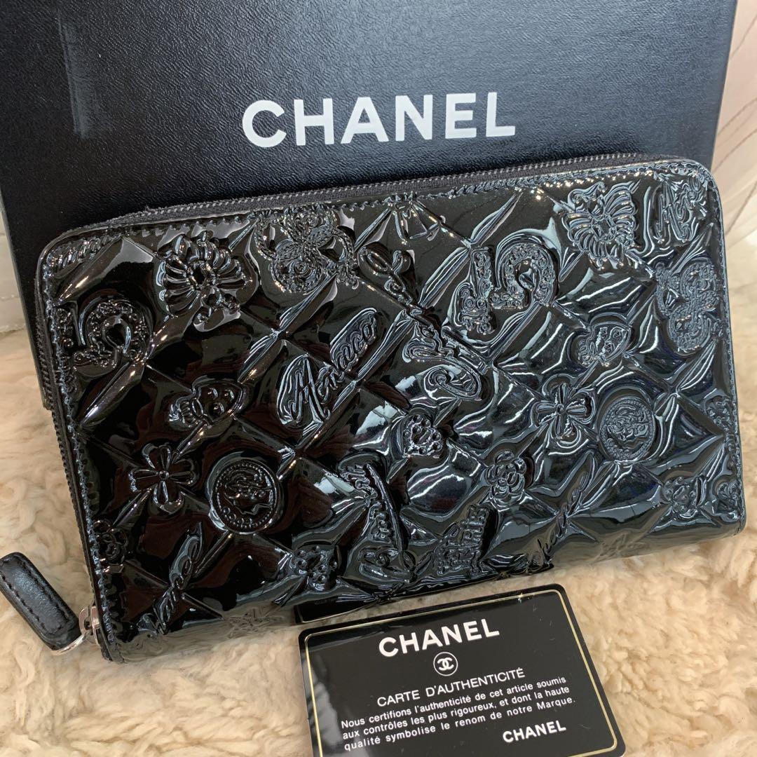 外観美品 CHANEL アイコン ラウンドファスナー長財布 パテントレザー