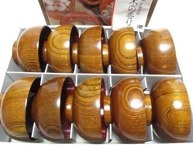 漆器 会津漆器 汁椀 10個 吸い物椀 内朱 天然木 椀 の画像1
