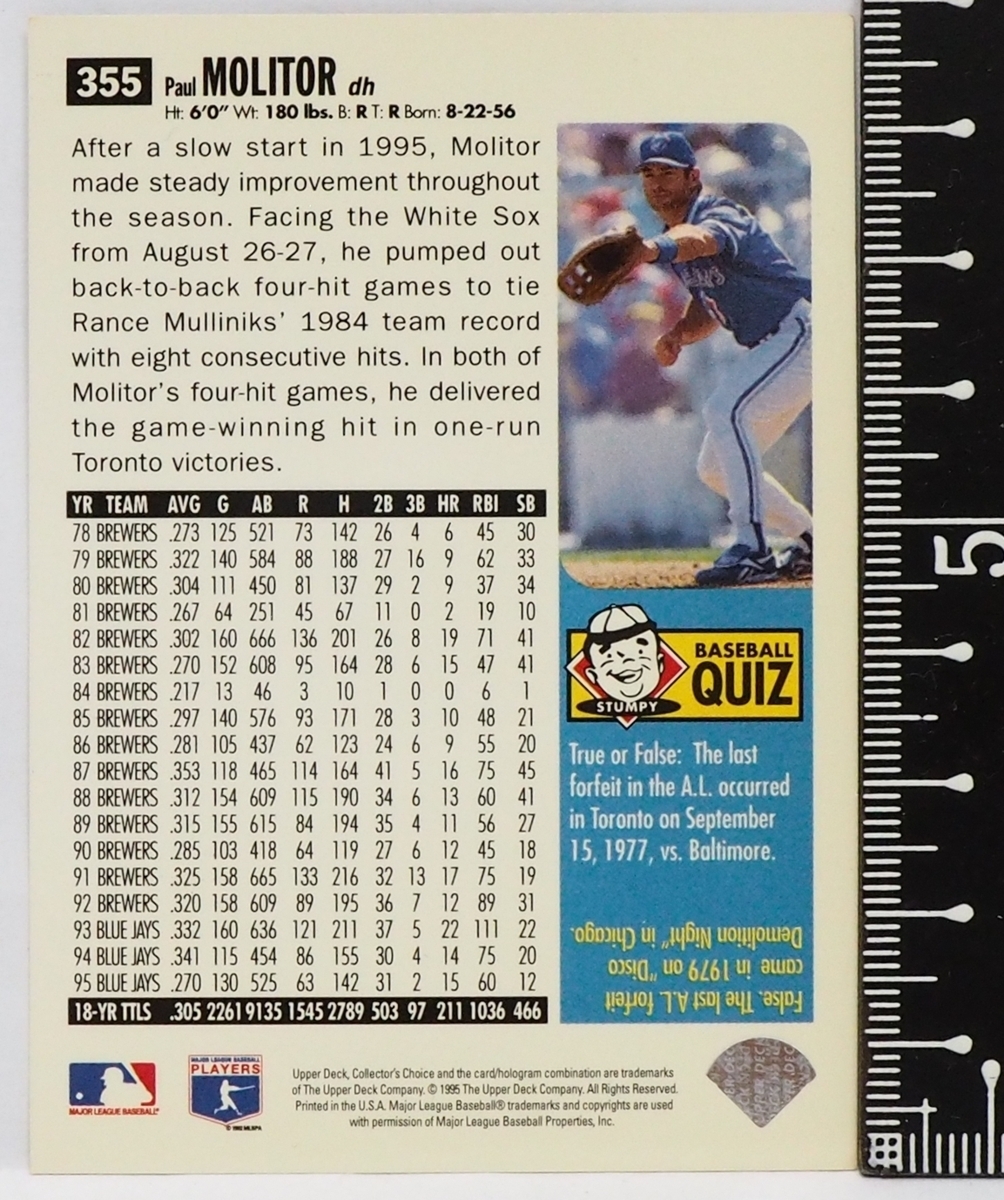 1996 Upper Deck Collector's Choice #355【Paul Molitor(Blue Jays)】96年MLBメジャーリーグ野球カードBaseball Cardアッパーデック送料込_画像2