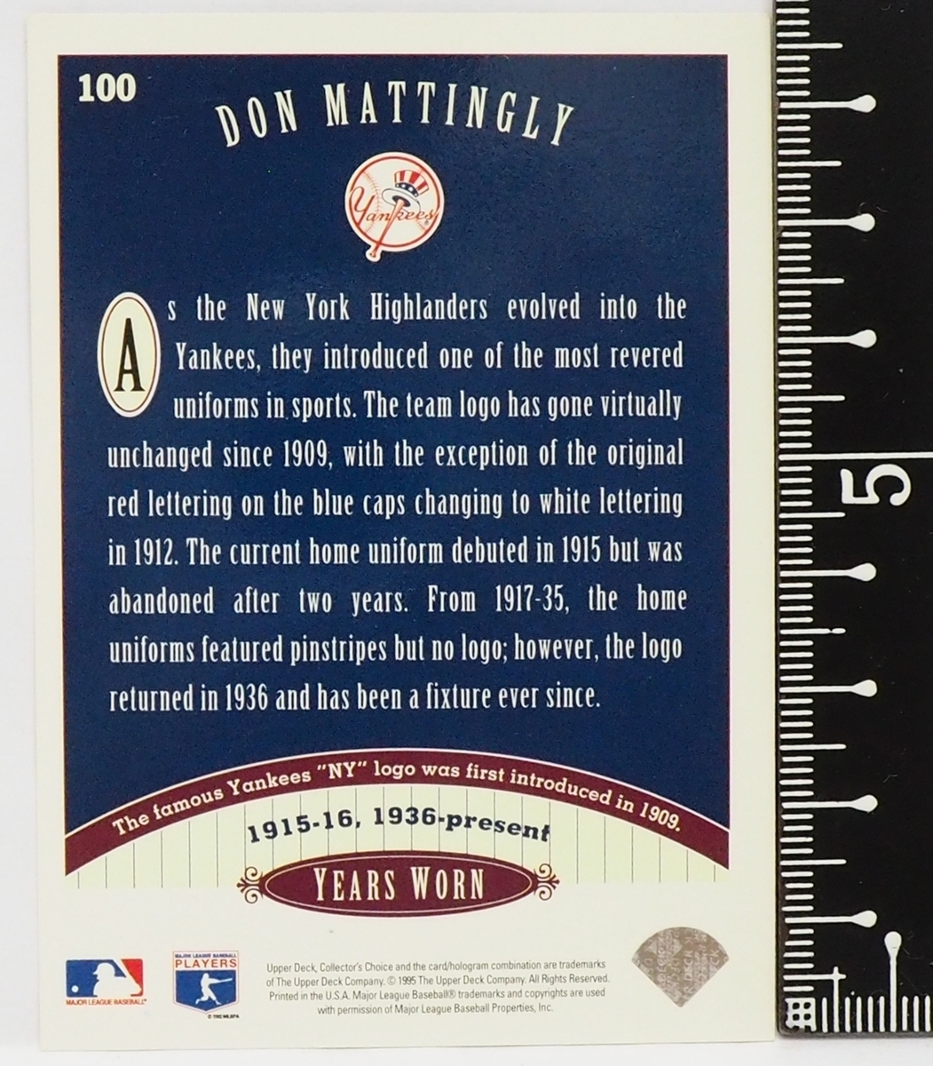 1996 Upper Deck Collector's Choice #100 Traditional Threads【Don Mattingly(Yankees)】アッパーデック96年MLBメジャーリーグ野球カード_画像2