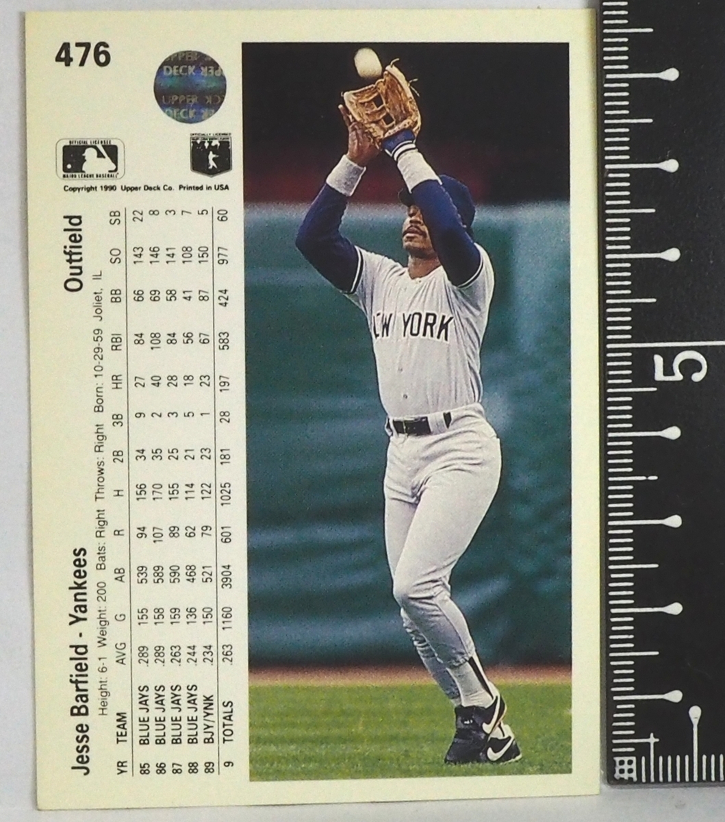 Upper Deck 90 #476【Jesse Barfield(Yankees)】1990年MLBメジャーリーグ野球カードBaseball CARDアッパーデック ベースボール【送料込】_画像2