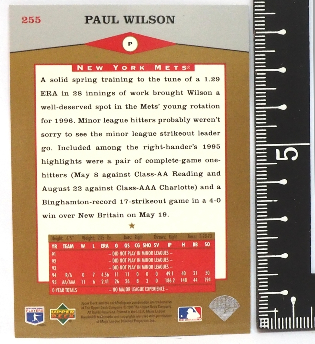 1996 Upper Deck #255 Star Rookie【Paul Wilson(Mets)】96年MLBメジャーリーグ野球カードBaseball CARDアッパーデック ベースボール_画像2
