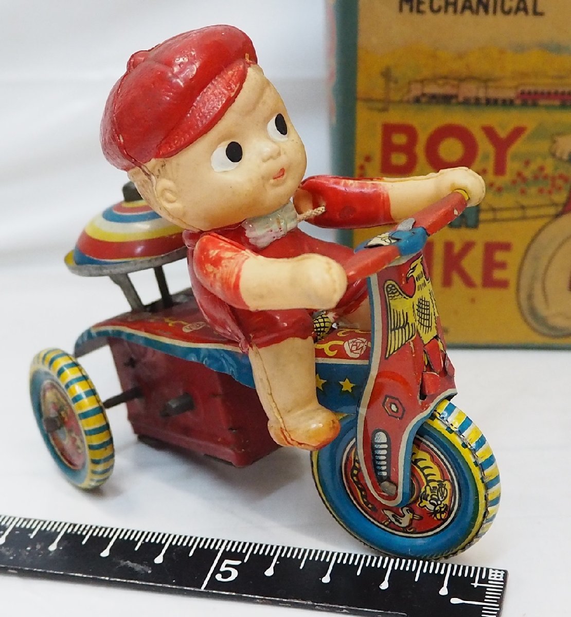  cell Lloyd doll tin plate tricycle small size [MECHANICAL BOY ON BIKEzen my bike ] made in Japan tin toy car# horse. Mark [ box attaching ] including carriage 