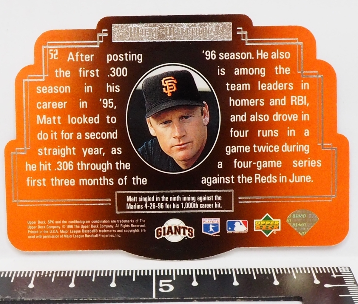 Upper Deck SPX #52【Matt Williams(GIANTS)】1996年DIE CUT 3DレンチキュラーMLBメジャーリーグ野球カードBaseball CARD【送料込】の画像3