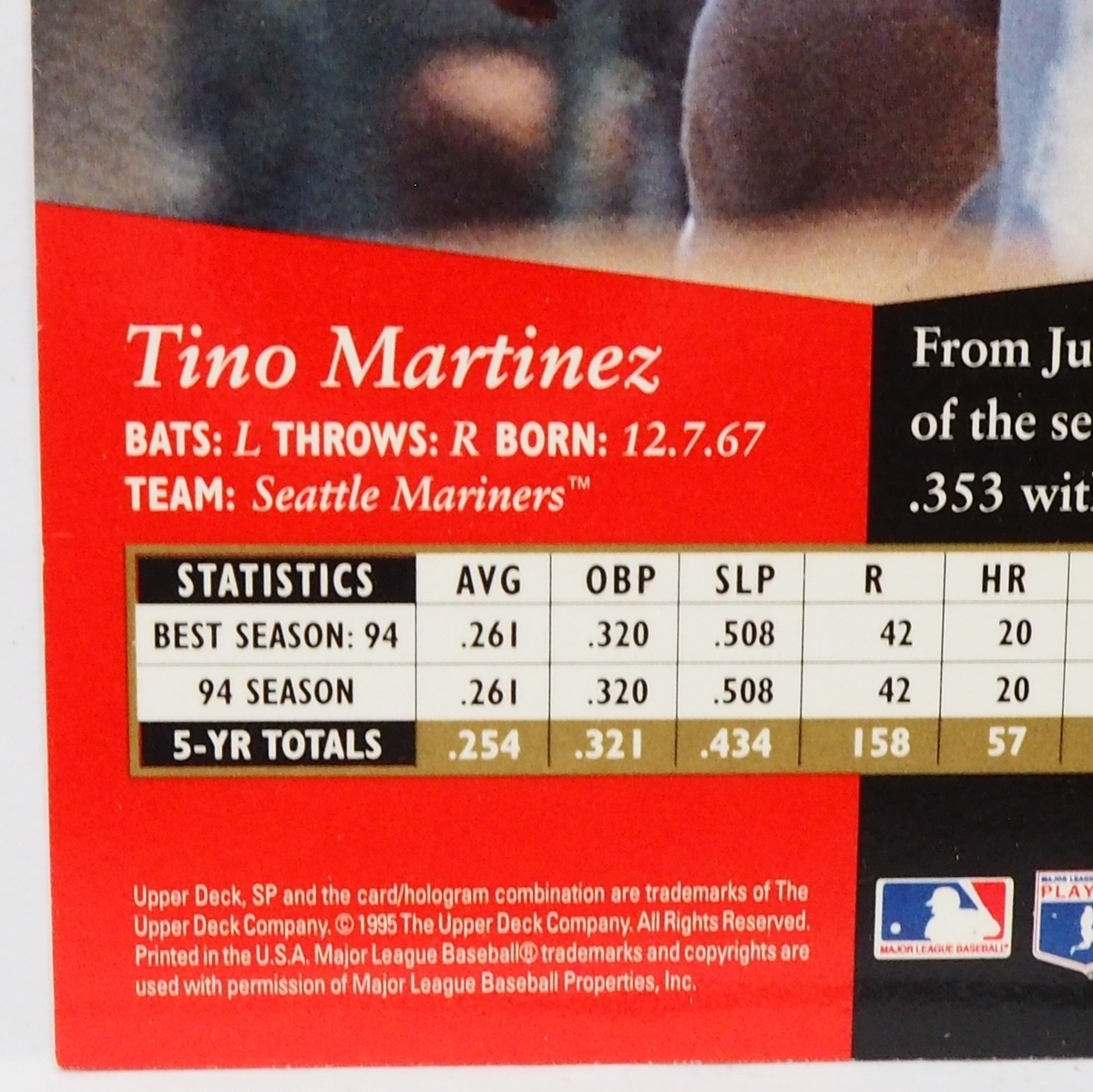 1995 Upper Deck SP #191【Tino Martinez(Mariners)】95年MLBメジャーリーグ野球カードBaseball CARDアッパーデック ベースボール送料込_画像3