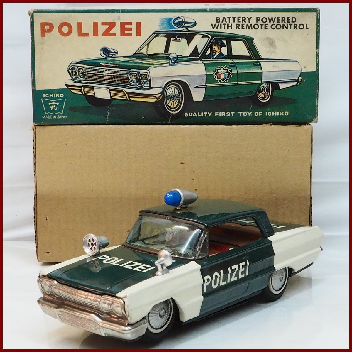 イチコー【POLIZEI ポリスカー パトカー白/緑 小サイズ リモコン欠】ブリキ ミニチュア tin toy car 自動車ミニカー■ICHIKO【箱付】0169_画像１