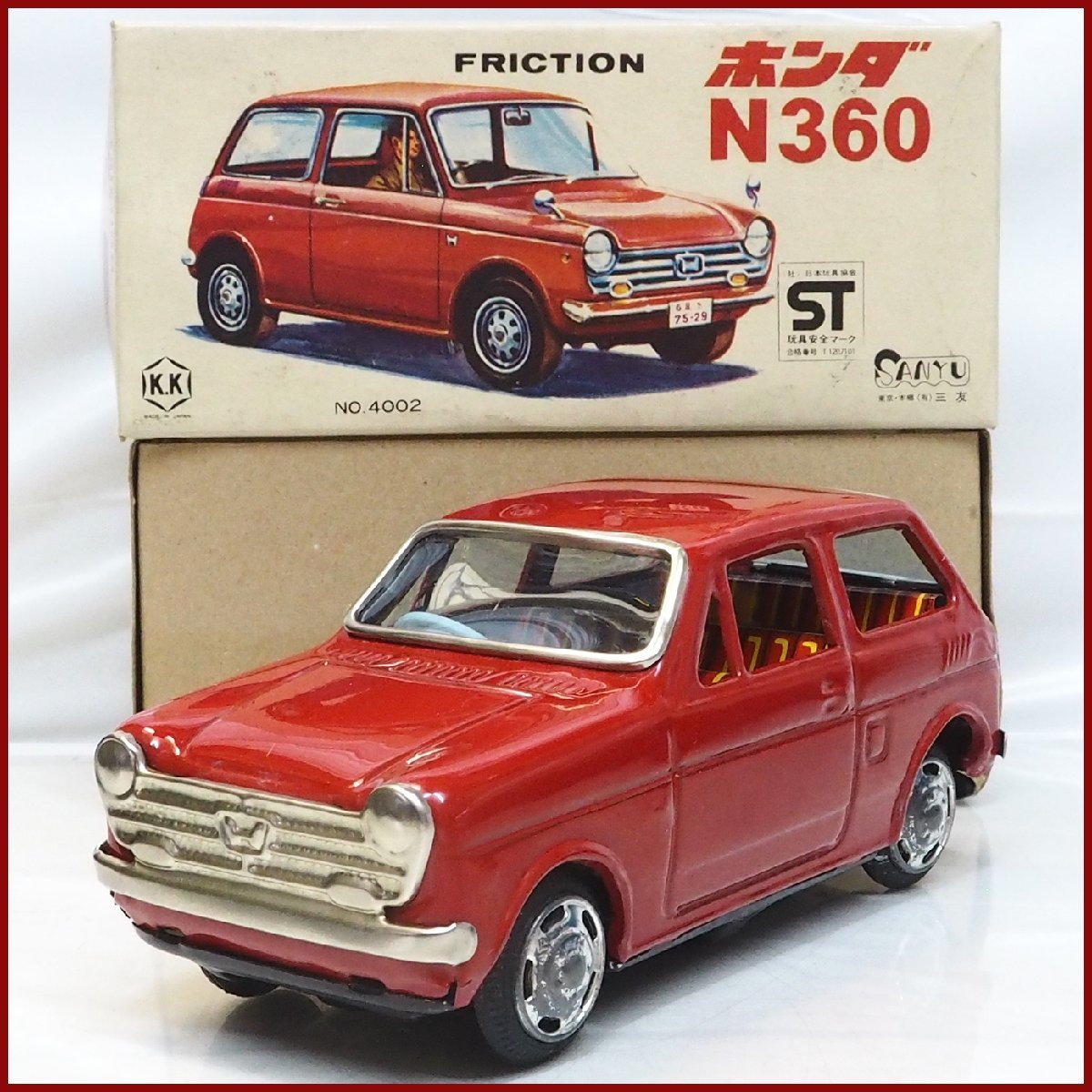 三友 4002【HONDA N360 ホンダ 赤レッド 小サイズ】ブリキ ミニチュア自動車ミニカー tin toy car ■K.K SANYU【箱付】0220_画像１