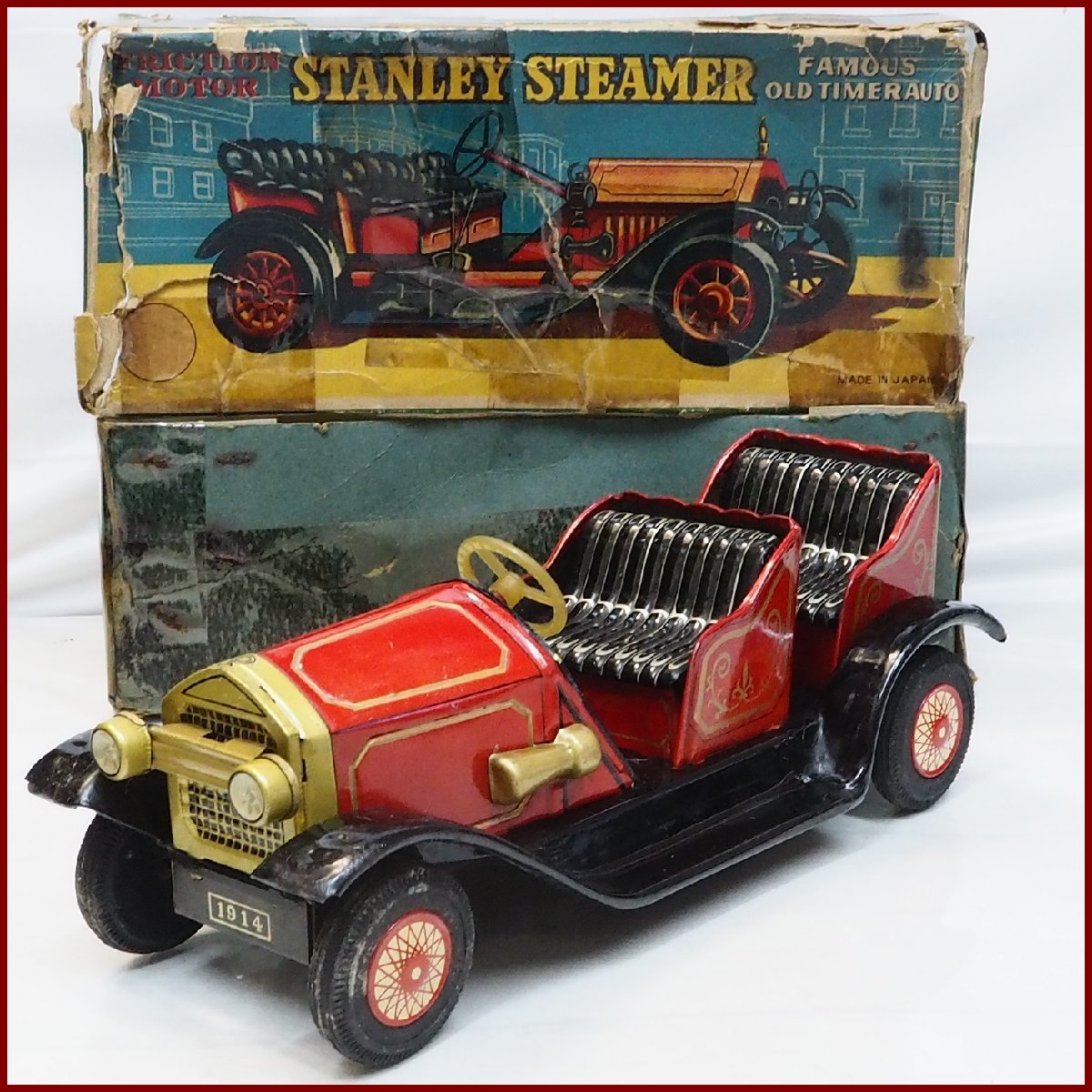 日本製【STANLEY STEAMER スタンレー スチーマー FAMOUS OLD TIMER AUTO 赤】ブリキ ミニチュア自動車tin toy carメーカー不明【箱付】0236_画像１