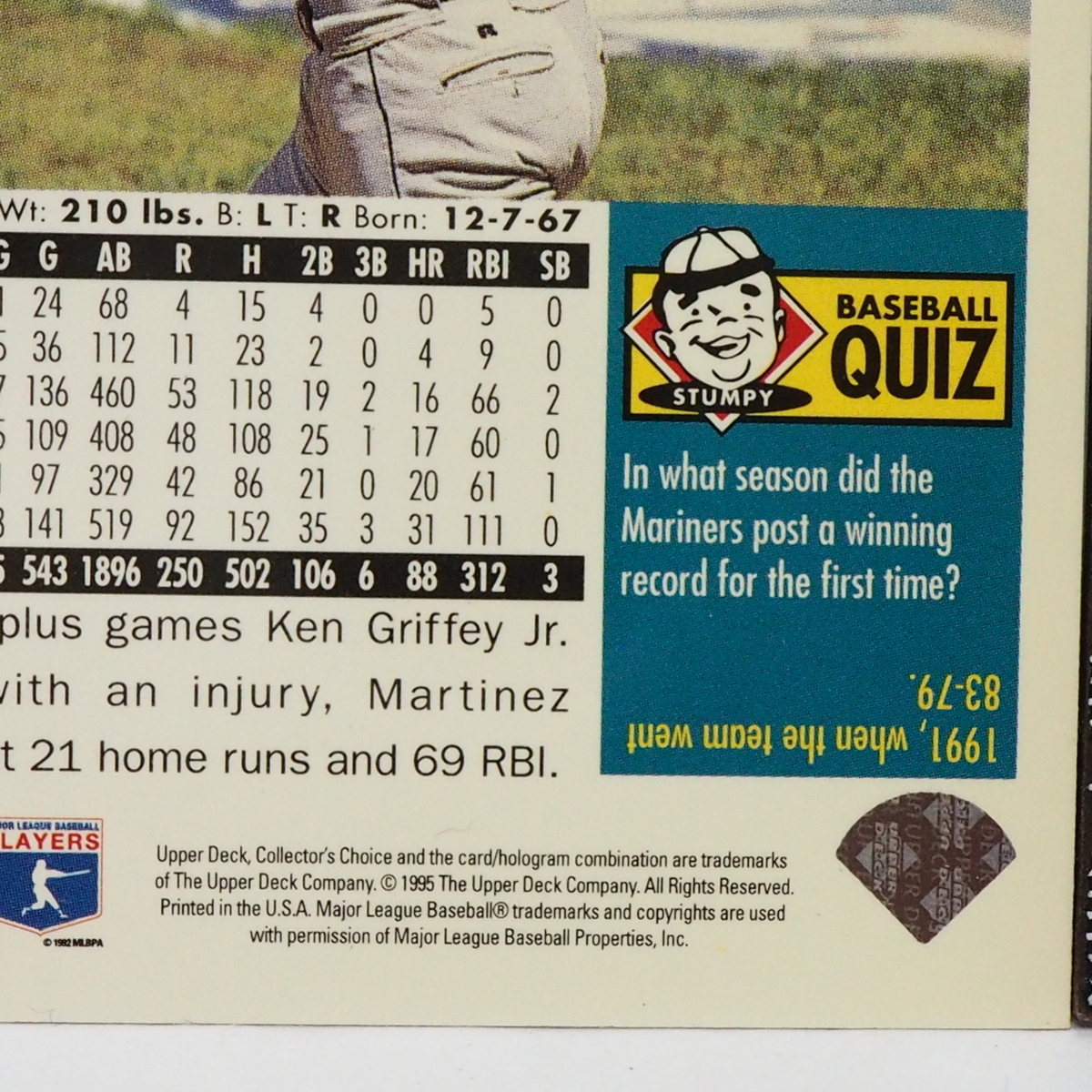 1996 Upper Deck Collector's Choice #318【Tino Martinez(Mariners)】96年MLBメジャーリーグ野球カードBaseball Cardアッパーデック送料込_画像3