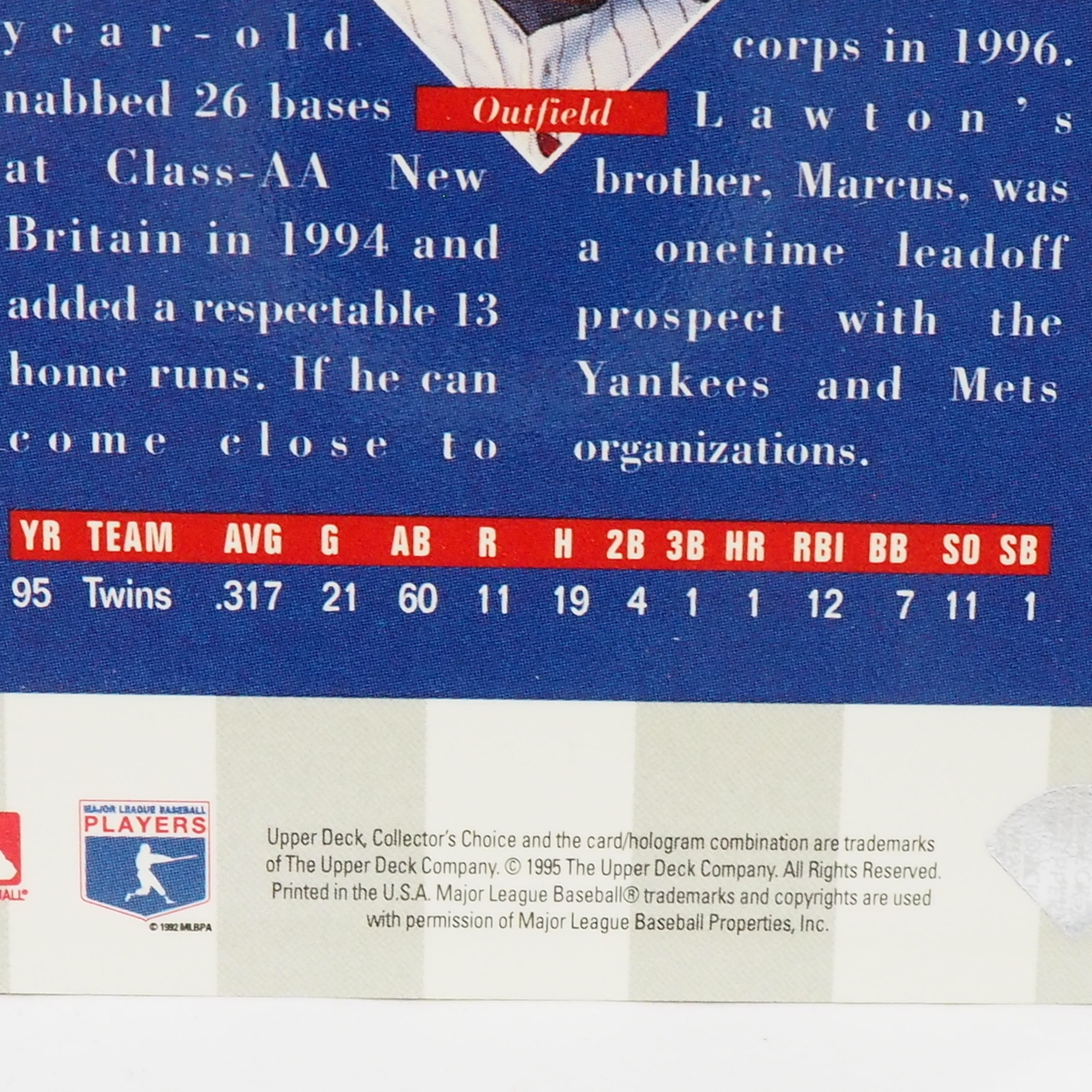 1996 Upper Deck Collector's Choice #34 Rookie Class【Matt Lawton(Twins)】96年MLBメジャーリーグ野球カードBaseballアッパーデック_画像3